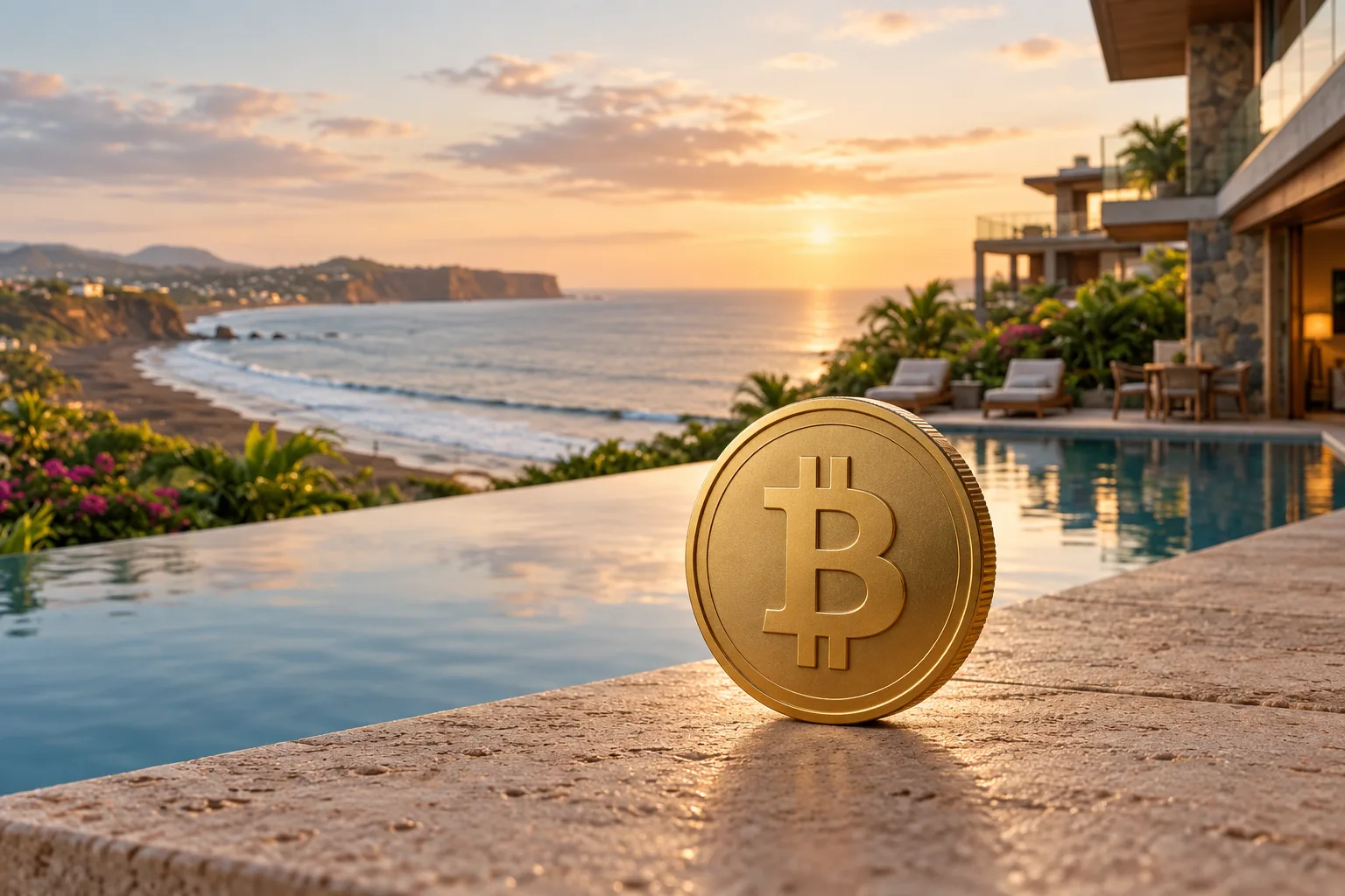 A gold Bitcoin coin beside the pool of an oceanfront villa